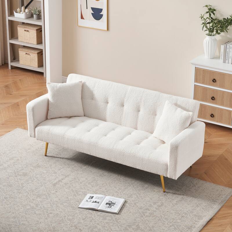 71.7 - inch Beige Teddy Fleece Sofa Bed with Two Throw Pillows