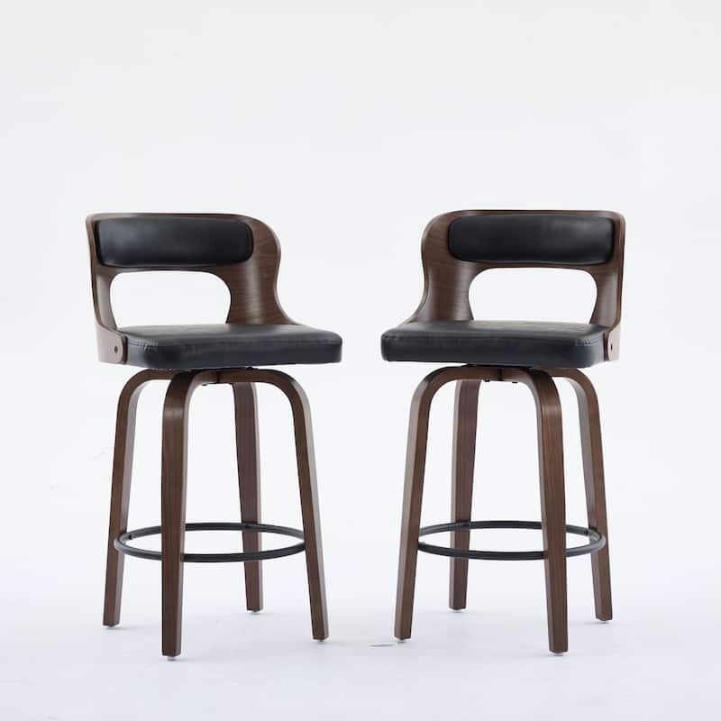 SEYNAR PU Leather 360 Degree Swivel Open Back Bar Stools Wood Legs Set of 4