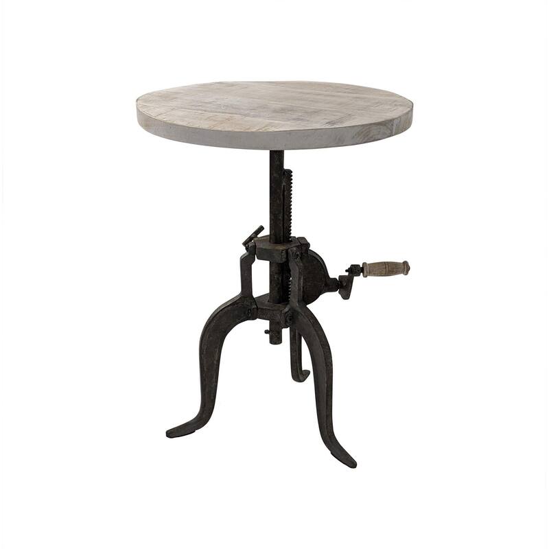 HomeRoots 19" Natural and Gunmetal Solid Wood and Iron Height Adjustable Round End Table - 18.00 in. x 19.00 in. x 18.00 in.
