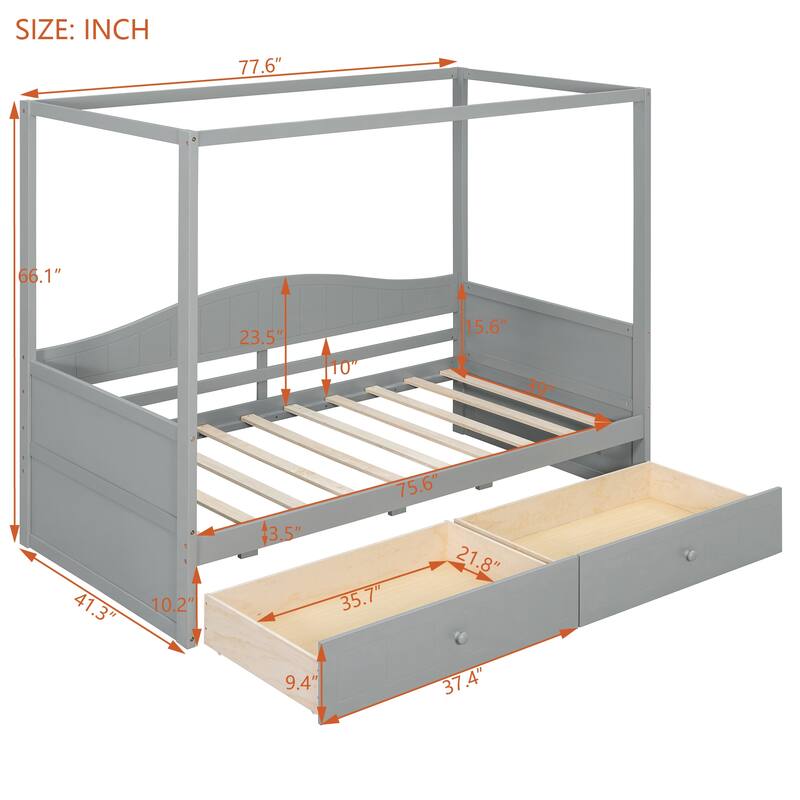 Twin Size Wooden Canopy Daybed with 2 Storage Drawers, Solid Pine Wood Frame with Backrest, Space Saving Design