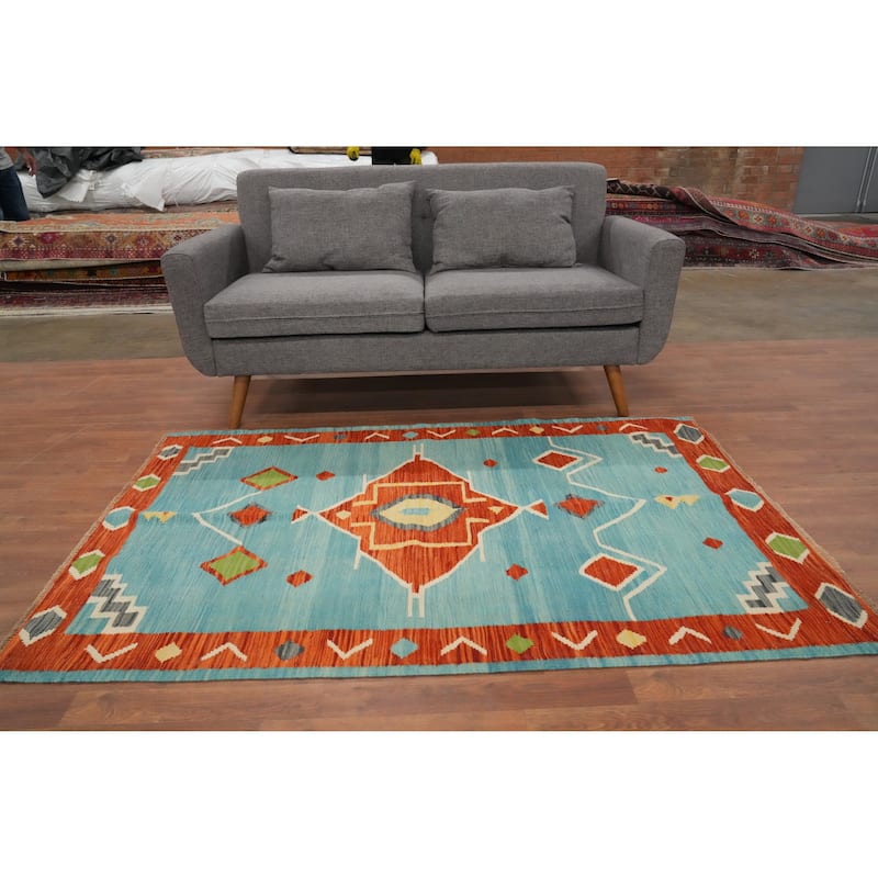 Hand Woven Oriental 100% Wool Carpet Southwestern Tribal Navy Blue & Blues Kilim Area Rug - 5' 10'' X 4' 0''