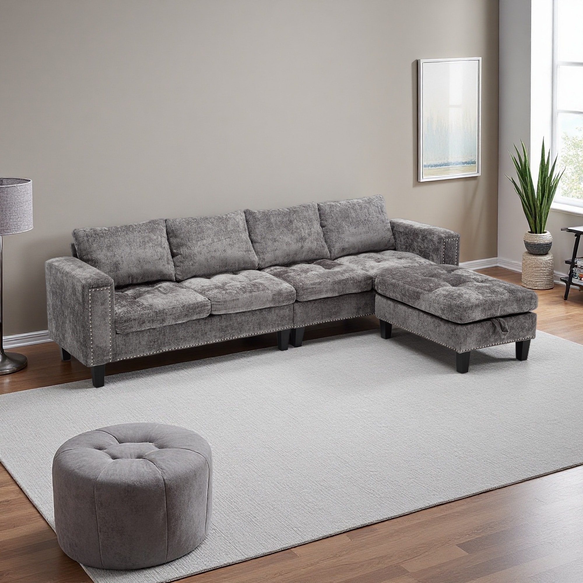 104.5" Chenille L-Shaped 5-Seater Modular Sofa with Storage Ottoman and Reversible Chaise