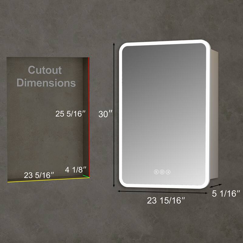 Rounded Edge LED Medicine Cabinet with Mirror, Dimmable, Anti-fog, Adjustable Shelves, Recessed or Wall Mount, ETL Certified