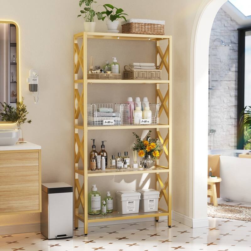 Modern Gold Bookshelf with Tempered Glass Shelves, 3-5 Tires Display Storage Shelving