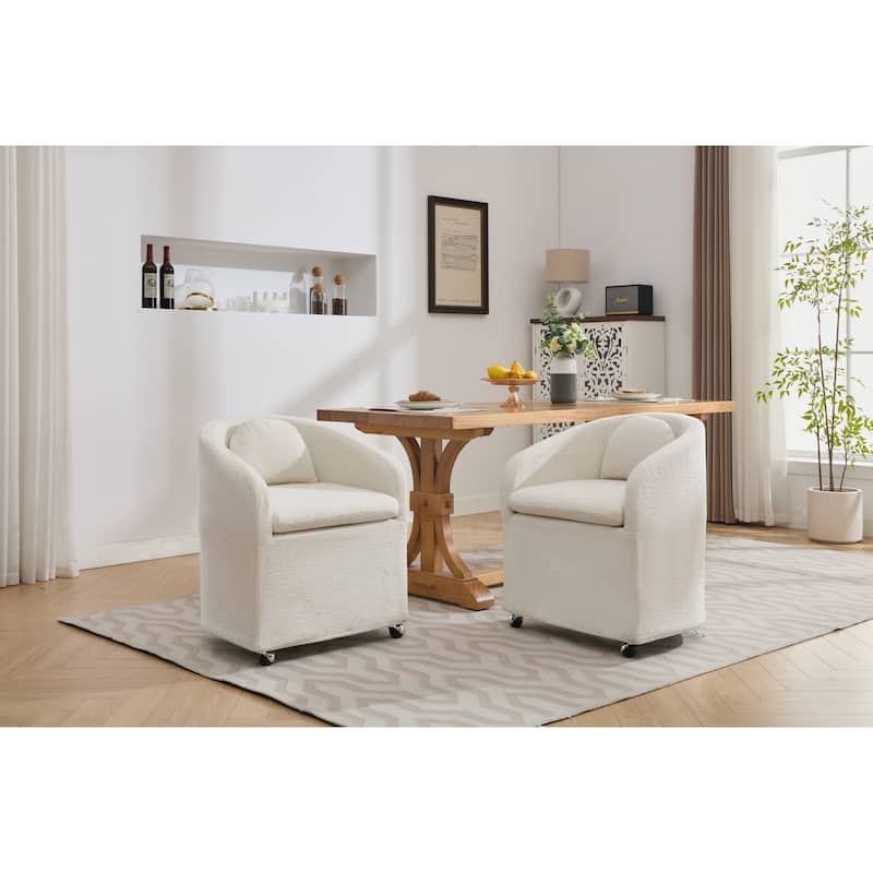 Set of 1 Chenille Fabric Dining Armchair With Back Cushion and Universal Wheels,Beige