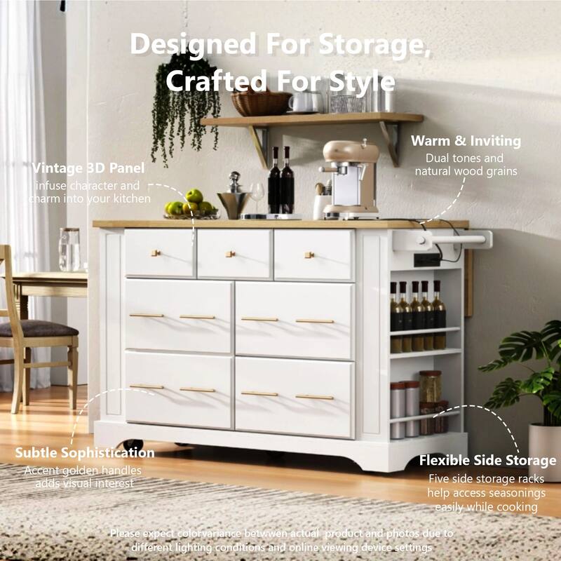 51" Kitchen Island with 6 Drawers, Drop Leaf, Power Outlet, Pull-Out Trash Can Storage, and 5 Open Side Racks on Wheels