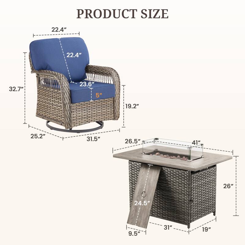 Pocassy Outdoor Fire Table with Swivel Chair Funiture Set.