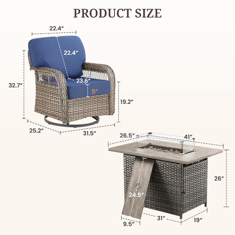 Pocassy Patio Sofa Ottoman Swivel Chair Table with Fire Table Set.