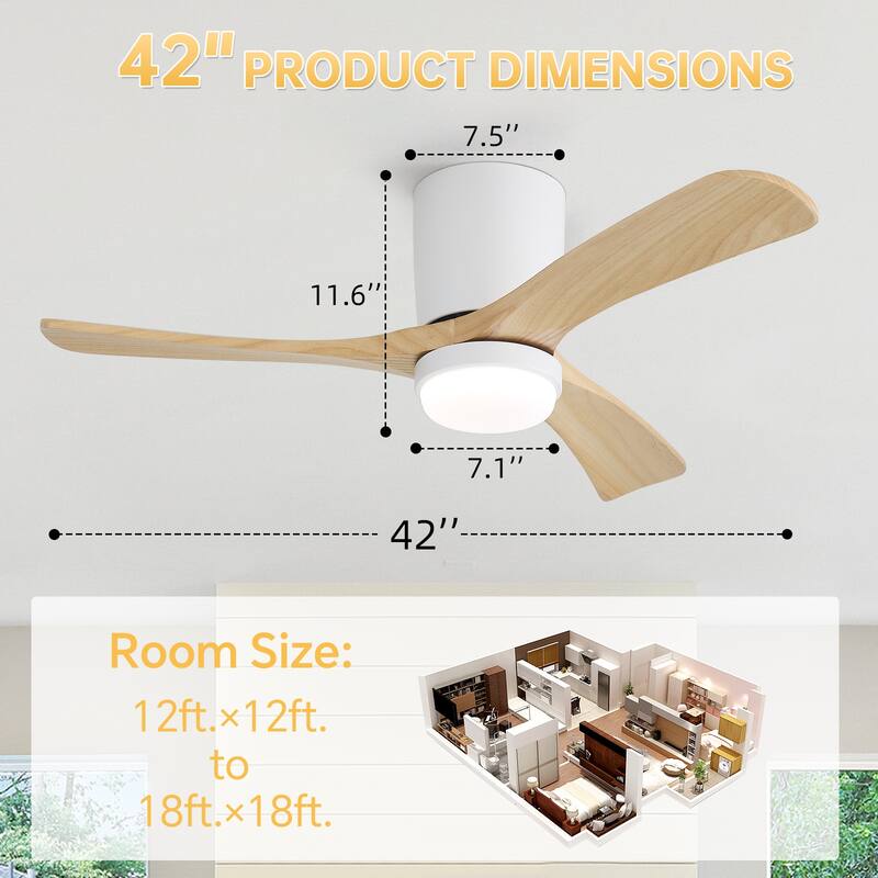 Sofucor 42“/52"/60"/48" Noiseless Walnut Wood Ceiling Fan with Remote Control, Integrated Light Optional
