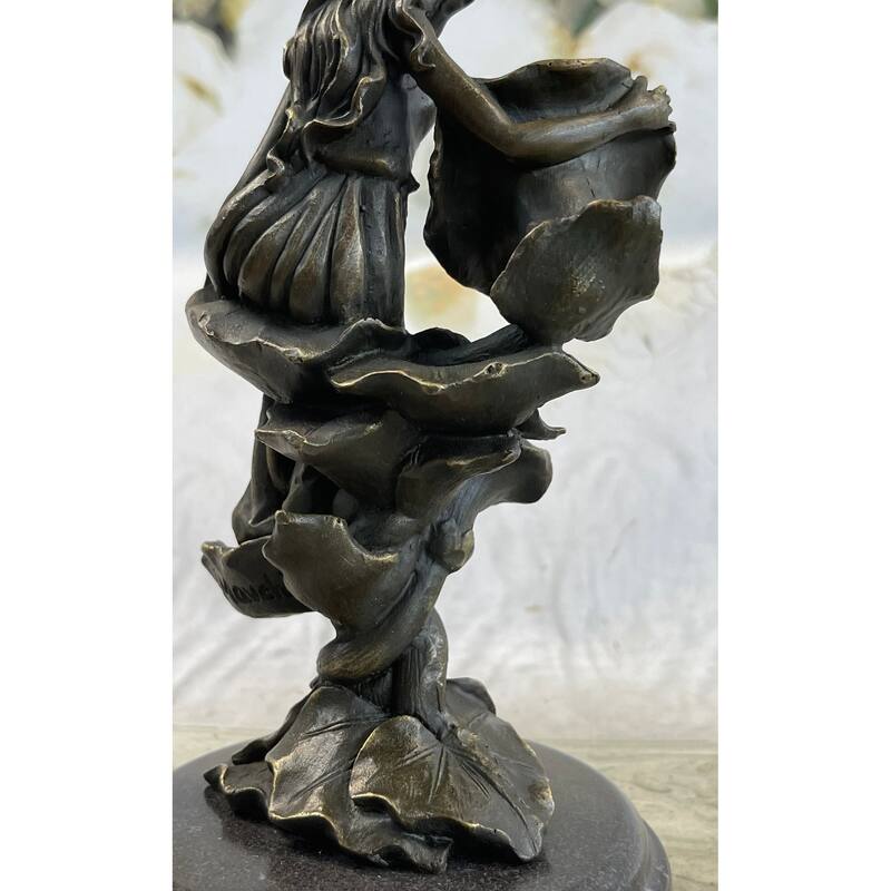 Girl Resting On Flower Bronze Sculpture Statue Figure Fantasy Decor 9 Inches X 5 Inches