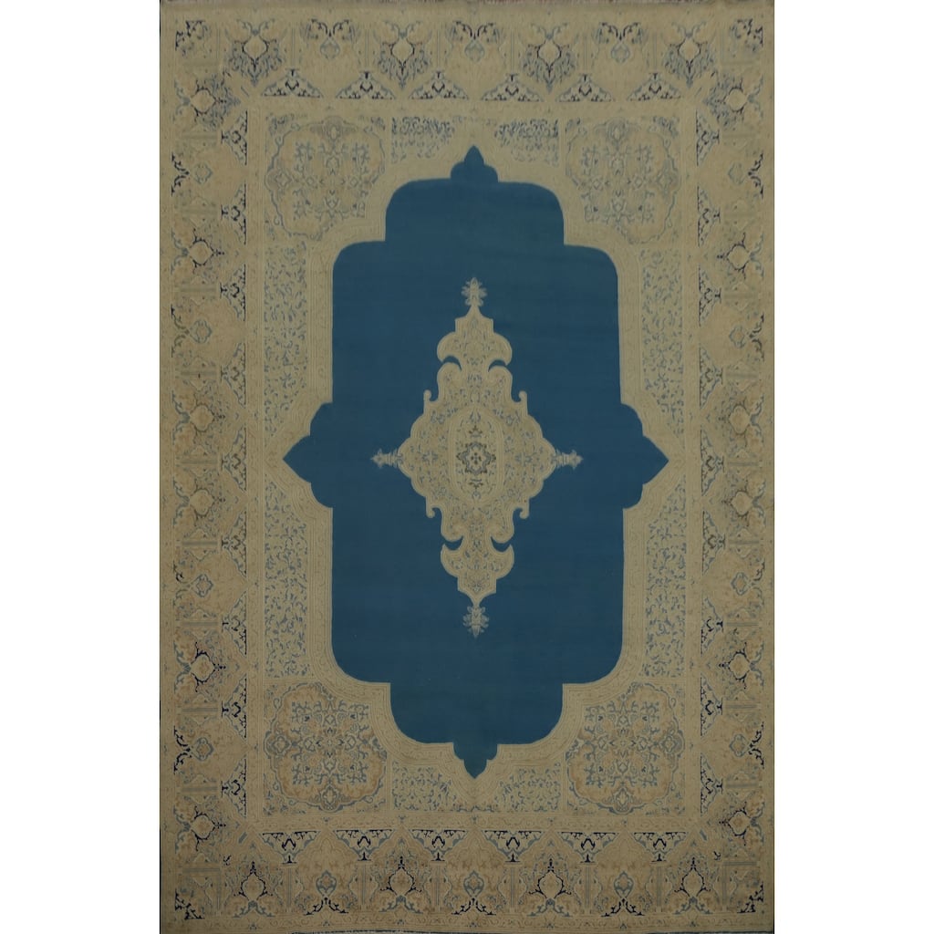 Hand Knotted Oriental 100% Wool Carpet Traditional Medallion Navy Blue & Blues Kerman Area Rug - 12' 3'' X 9' 7''