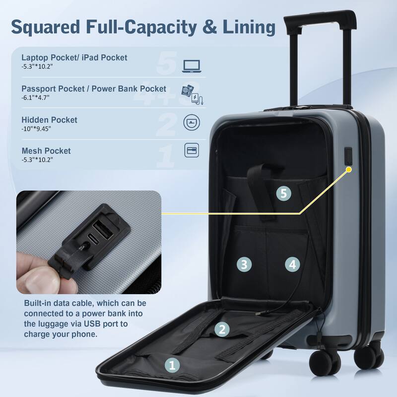 Luggage Sets 5 Piece with Front Opening, Hardside Expandable Carry On Suitcase Set with Double Spinner Wheel with USB Port