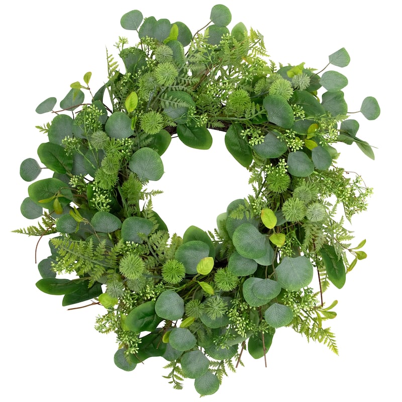 Fern and Ficus Leaves Artificial Spring Wreath - 24" - Green