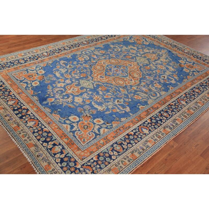 Blue & Orange Tabriz Persian Area Rug Handmade Wool Carpet - 6'8"x 9'3"