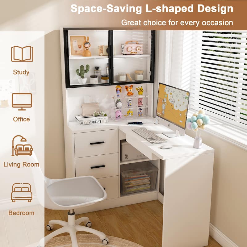 Executive Desk with Glass Cabinets & Built-In LED Lights, L-Shaped Corner Computer Desk, Writing Desk with USB Charging Ports