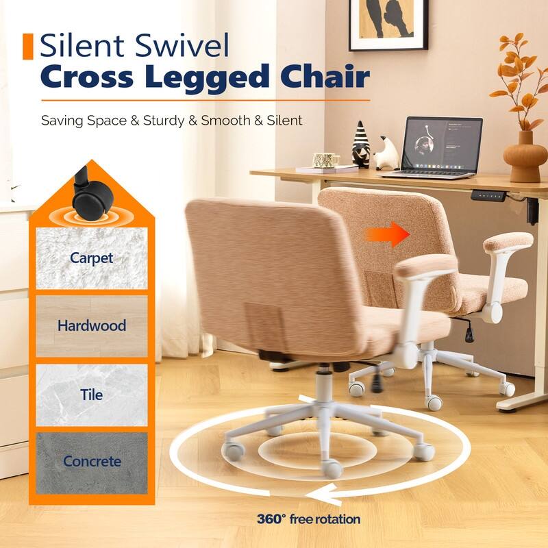 Chenille Swivel Chair With Adjustable Flip-Up Arms For Cross-Legged