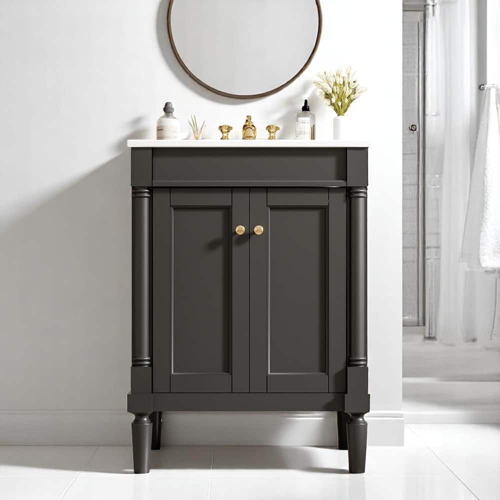 24 Inch Freestanding Bathroom Vanity with Sink, 2-Tier Enclosed Storage Shelves, Drop-in Ceramic Top