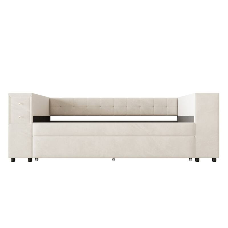 Upholstered Velvet Fabric Bed with Storage and Twin Trundle