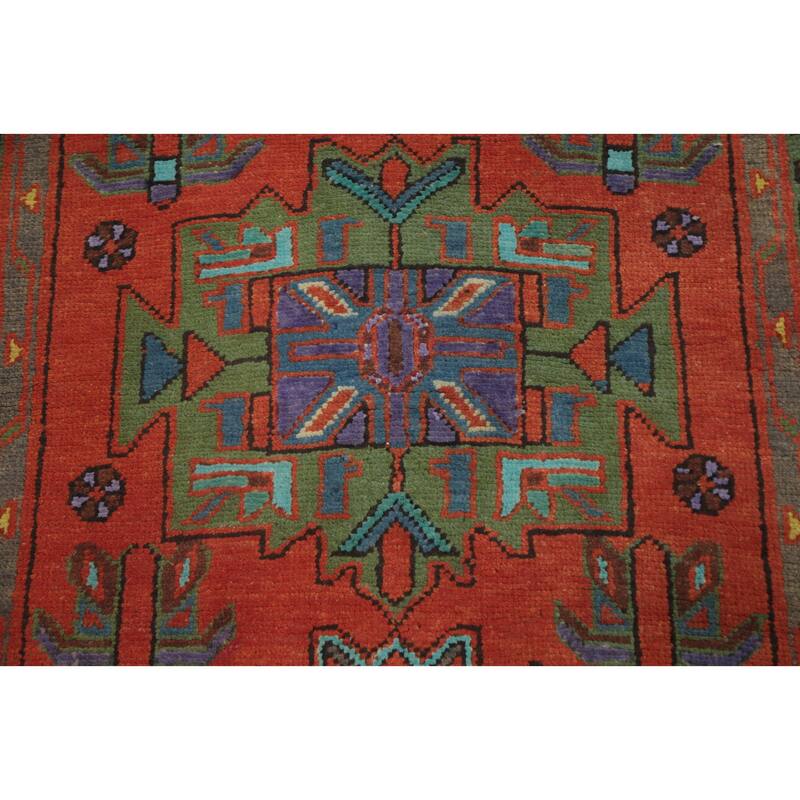 Hand Knotted Oriental 100% Wool Carpet Traditional Geometric Oranges & Rust Heriz Runner Rug - 9' 10'' X 3' 1''