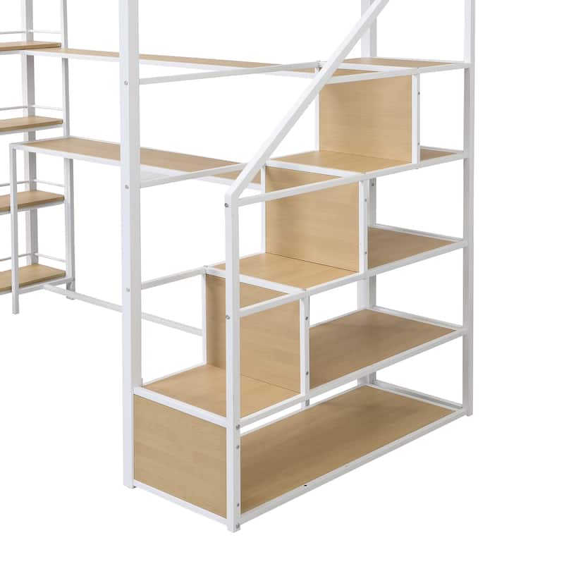 Metal Loft Bed with Staircase, Built-In Desk and Storage Shelves