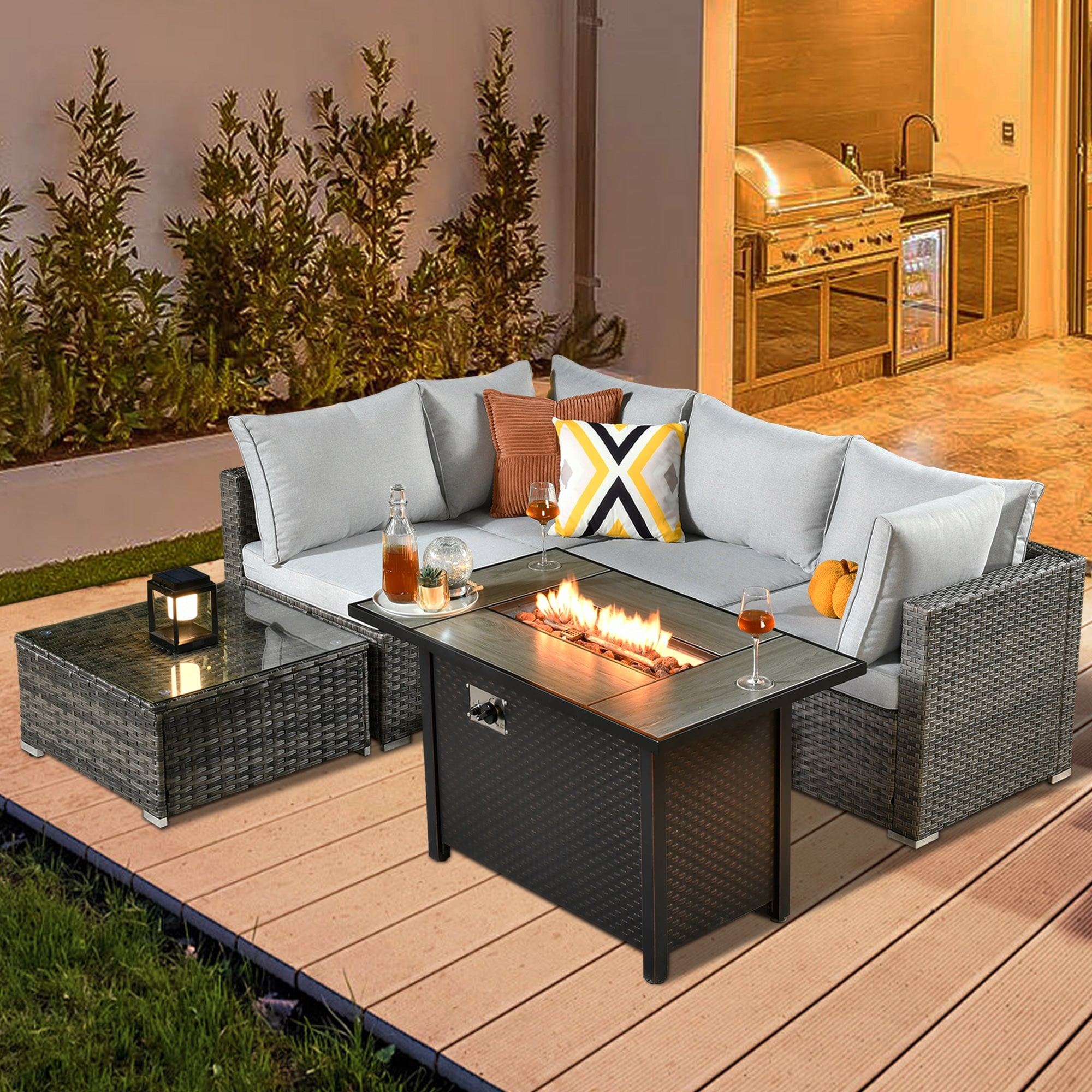 HOOOWOOO 6-piece Patio Rattan Wicker Sectional Set with Fire Pit Table