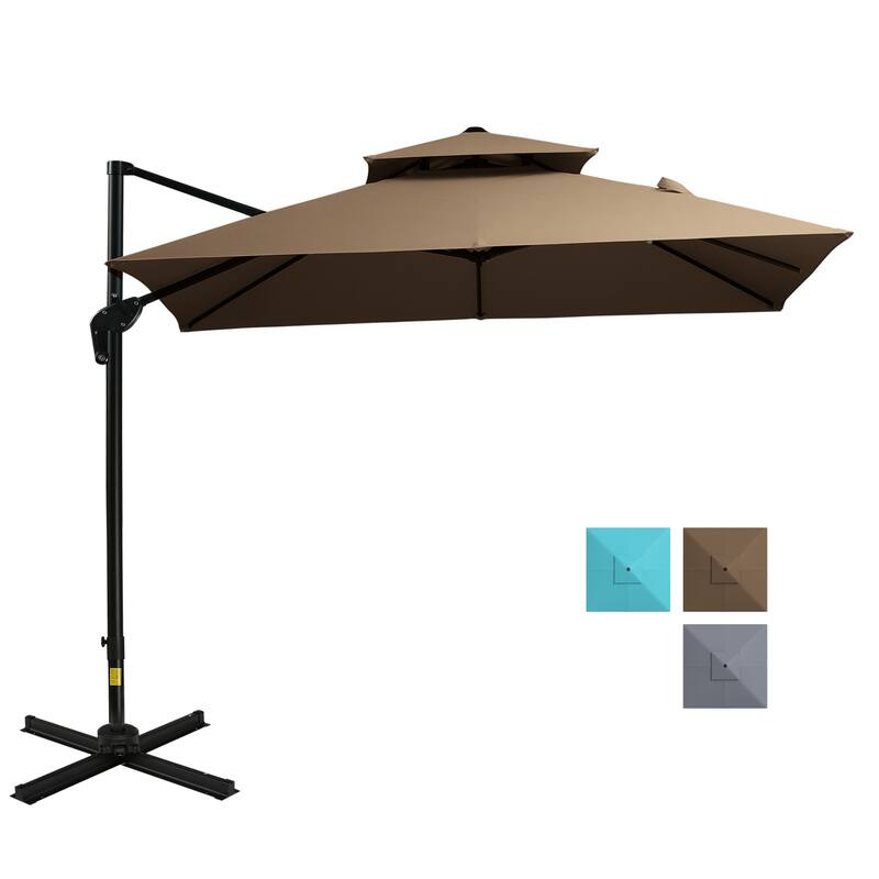 Patio Outdoor Parasol, 2 Top Hanging Aluminum Cantilever Umbrella with Base 360 ​​Degree Rotation 8 Ribs, for Garden - Tan