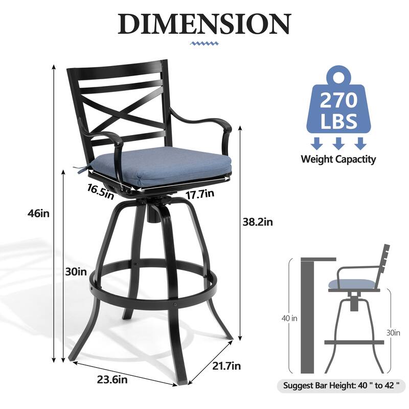 Outdoor Indoor Patio Bar Stools Aluminum Swivel Bar Chair with Sunbrella Cushion