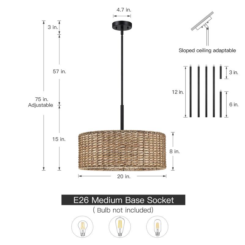 Lennie 4-Light Rattan Drum Chandelier with Black Canopy - 20'' W