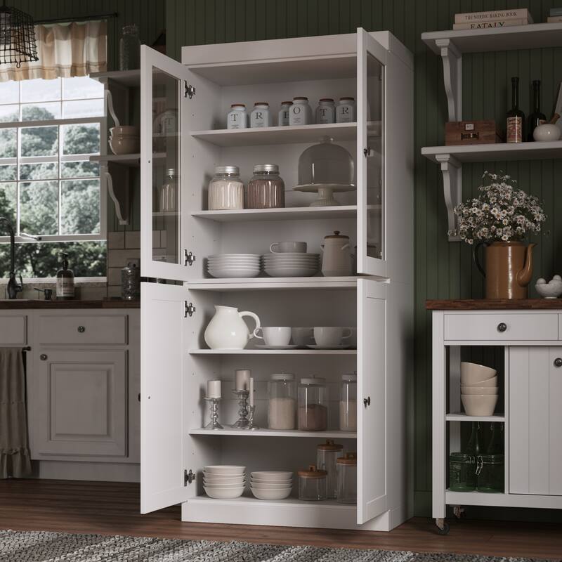 Palace Imports 100% Solid Wood 32" Pantry Cabinet with Clear Glass, Shaker Doors and Adjustable Shelves