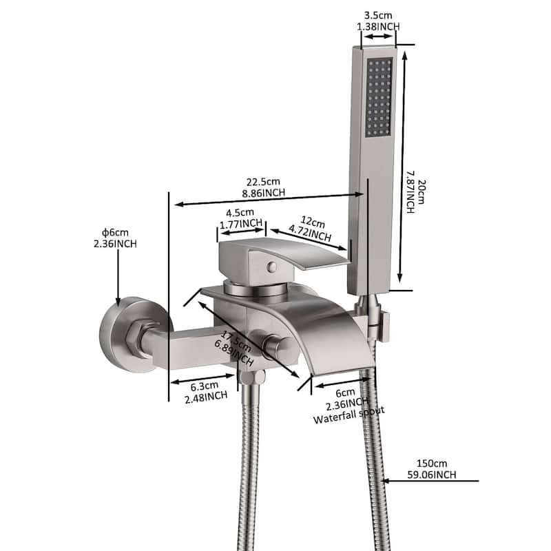 Waterfall Wall-mount Bath Tub Filler Faucet with Handheld Shower Brushed Nickel - 8' x 10'
