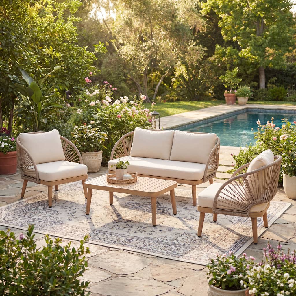 Christopher Knight Home - Marina 4- Piece Outdoor Acacia Wood Patio Seating Set with Curved Tub Design