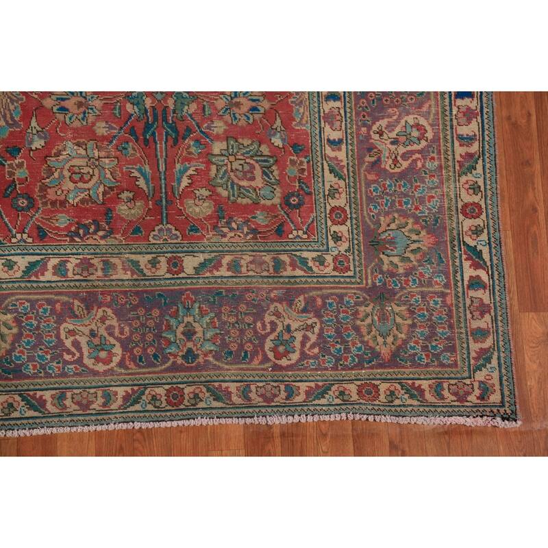 Traditional Tabriz Persian Vintage Rug Hand-Knotted Pink Wool Carpet - 7'10" x 11'2"
