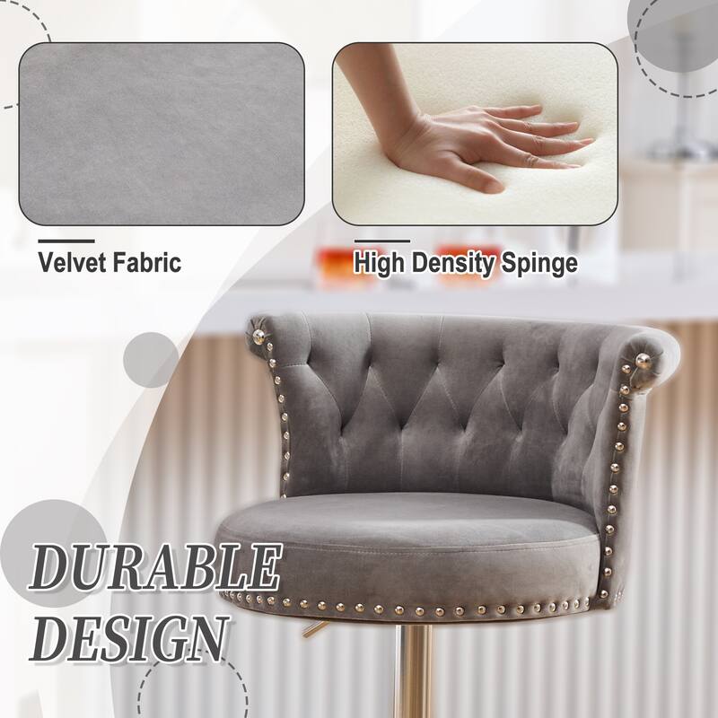 Velvet Upholstered Bar Stool Set of 2, Adjusatble Height Swivel Bar Stools, Dining Chairs with Curved Backrest & Footrest