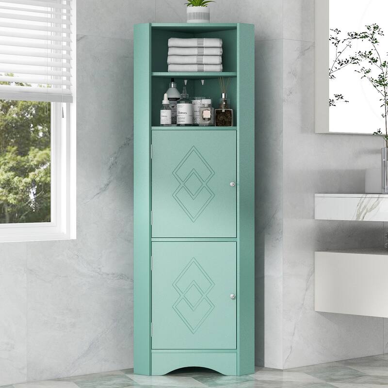 Bathroom Storage Corner Cabinet with Open Shelves, Adjustable Shelves, Rhombus Pattern Cabinet Doors and Curved Line Base - Green