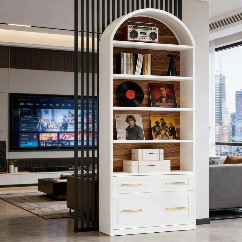 5-Tier Arched Bookshelf with Drawer & File Cabinet, Wood Storage Bookcase for Living Room or Home Office