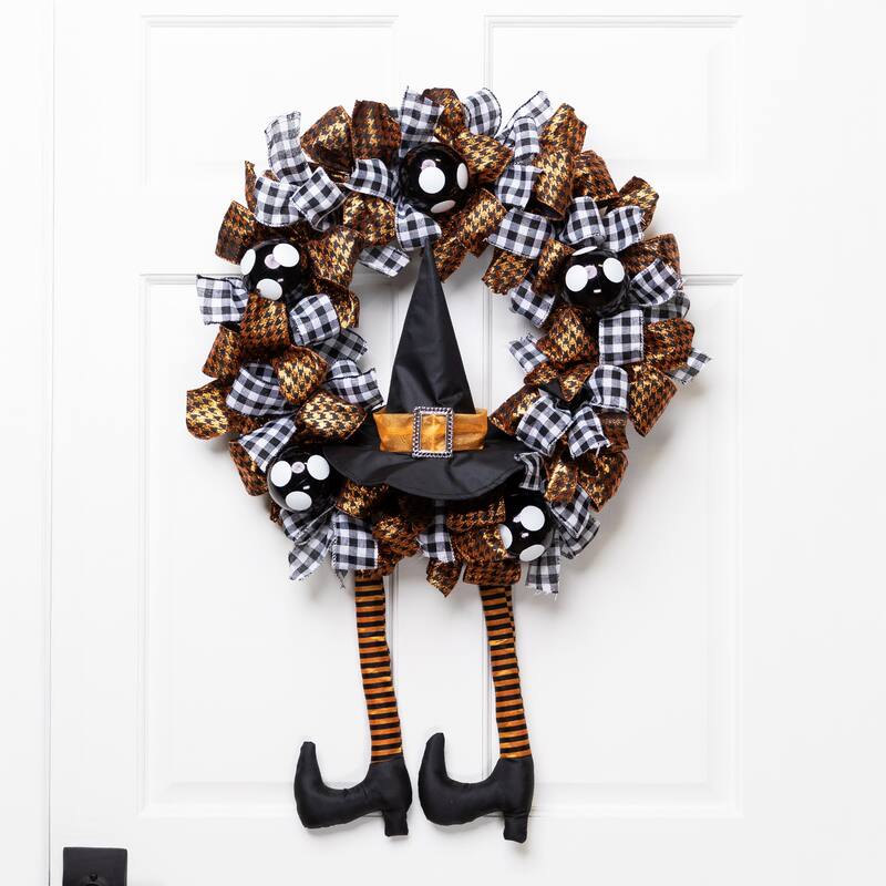 Witch with Bows and Ornaments Halloween Wreath - 24" - Orange and Black - Unlit