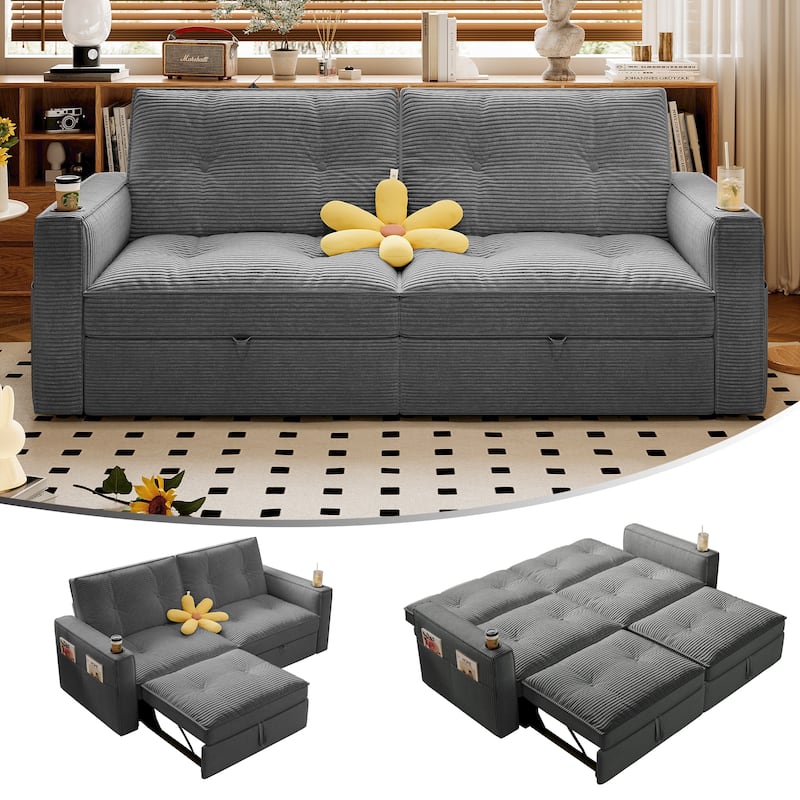 Multi-Functional Corduroy Loveseat Couch Convertible Sleeper Sofa Bed with Cup Holders and Side Pockets for Sitting, Sleeping