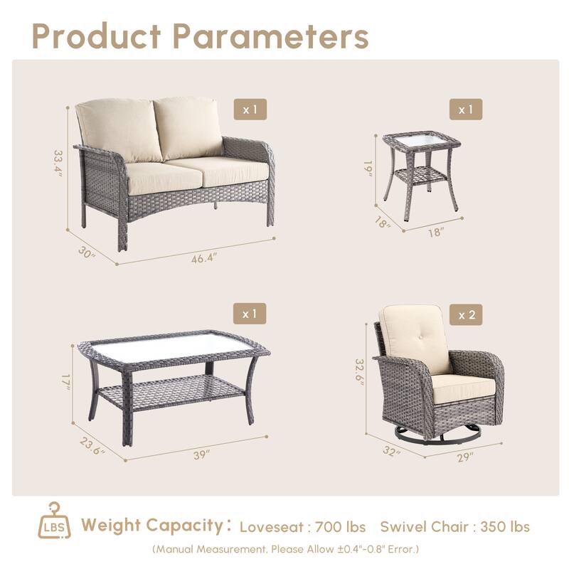 HOOOWOOO 5-piece Grey Wicker Furniture Chat Set Patio Conversation Set with Swivel Chair