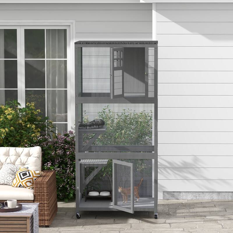 PawHut 74" Wooden Catio Outdoor Cat House Weatherproof & Wheeled, Outside Cat Enclosure with High Weight Capacity - Light Gray