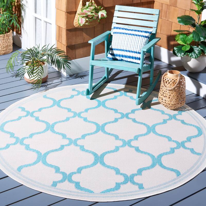 SAFAVIEH Bermuda Washable Edelt Indoor/ Outdoor Waterproof Rug - 6'7" Round - Beige/Aqua