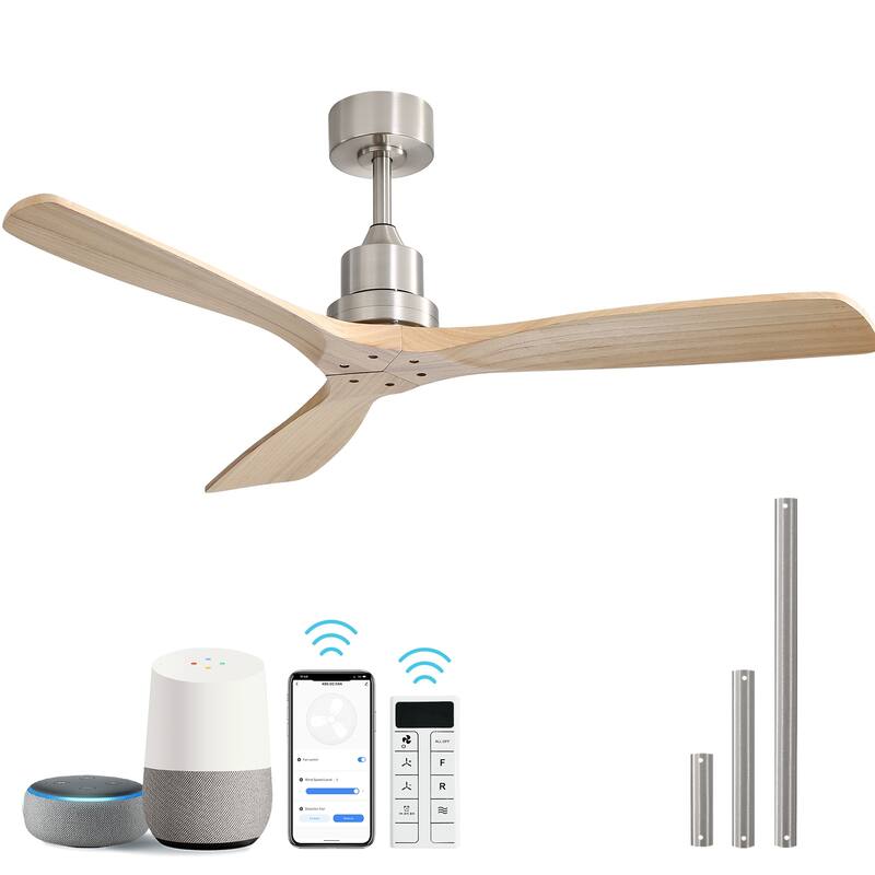 Sofucor 52 Inch Ceiling Fan without Light Solid Wood,with Remote,Smart Optional-Alexa/Google Assistant/APP/Remote Control - Smart(Remote+APP+Voice Control) - Nickel with Natural