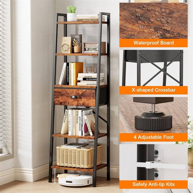 5 Tier Ladder Shelf with Drawer - 11.4"D x 15.4"W x 59.4"H