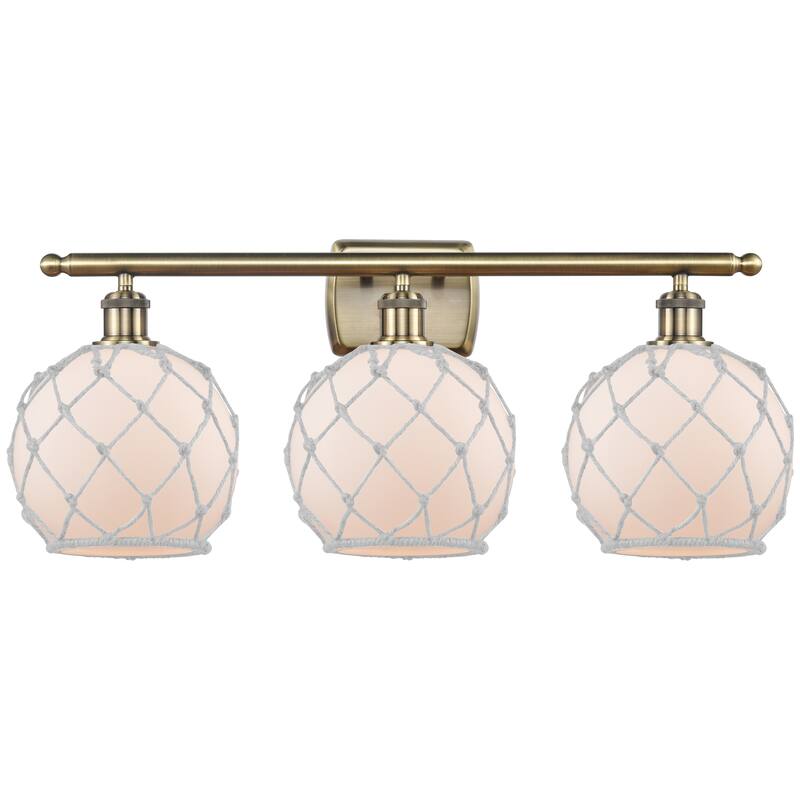Innovations Lighting Endless Possibilities Ballston - Farmhouse Rope - 3 Light 28" Bath Vanity Light - Antique Brass/White Glass with White Rope