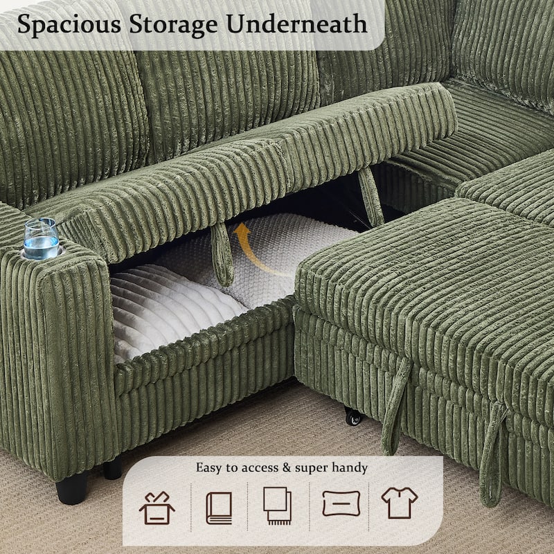 Corduroy Modular Sectional Sleeper Sofa with Pull-Out Bed & Storage, 2-in-1 Convertible Upholstered Sofa Bed with USB Port