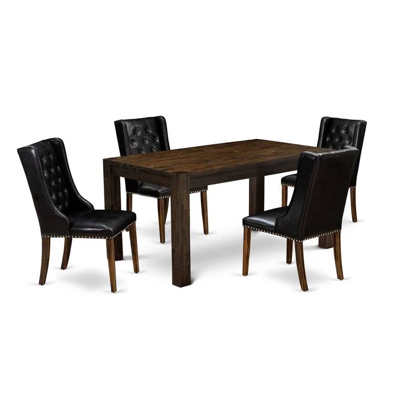 5-Piece Natural Brown Finish Solid Wood Top - Rectangular Button Tufted Dining Room Set - Seats 4