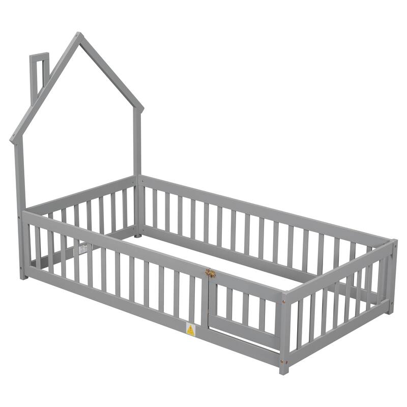 GDFStudio - Ethan American-Style Pine Twin Bed with House-Headboard and Fence Design