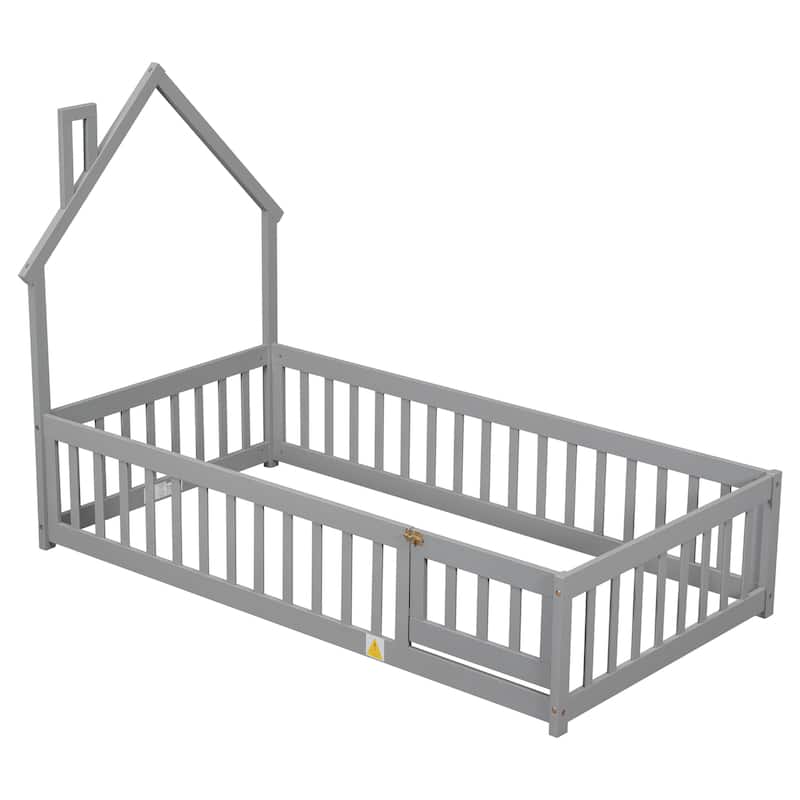 Twin House-Shaped Headboard Floor Bed with Fence, Fun & Safe Kids Bed