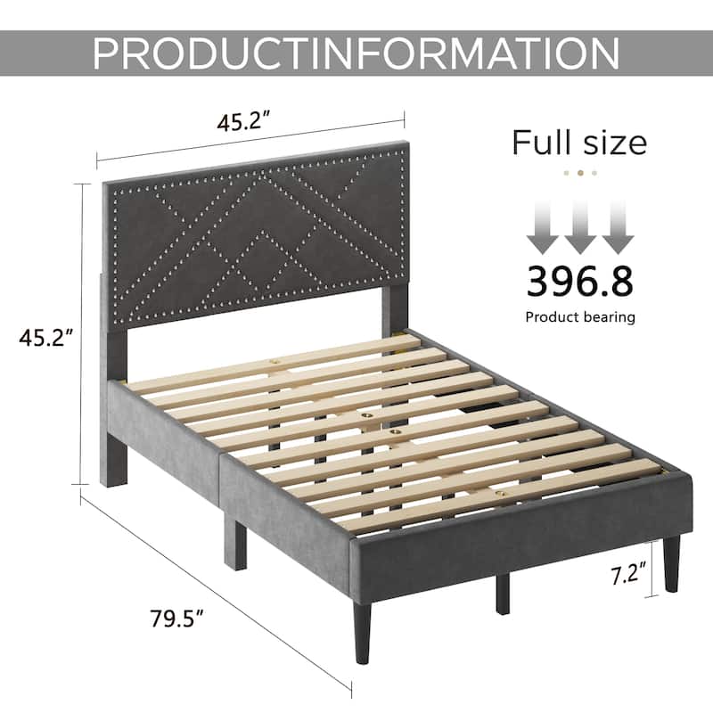 Gray Queen Size Platform Bed, Bed Frame with Linen Headboard, No Box Spring Needed, Whisper-Quiet, Under-Bed Storage