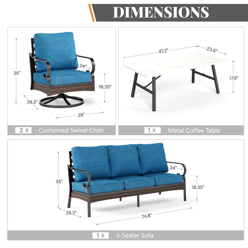 MAISON ARTS 5-Seat Outdoor Patio Furniture Sets, 2 x Cushioned Chairs, 1 x 3-Seat Sofa with Marbling Coffee Table