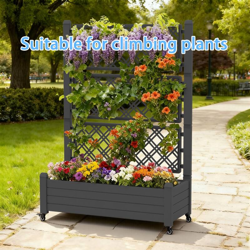 Raised Garden Bed with Trellis for Climbing Plants,Outdoor with Drainage Plug and Gauge DustProof Resin for Garden Backyard